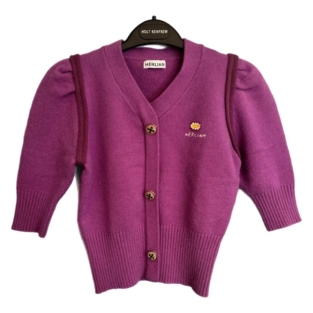 Herlian Daisy Cropped Short Cardigan Sweater Sz S Purple Knit Feminine Dainty